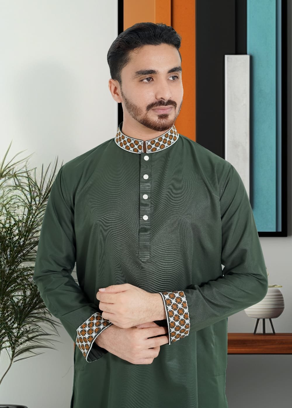 Green Embroidery Panjabi/ Code 222